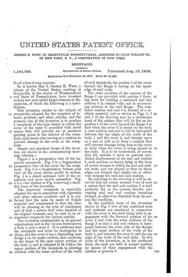 Westmoreland Cigarette Box Patent 1194799-2