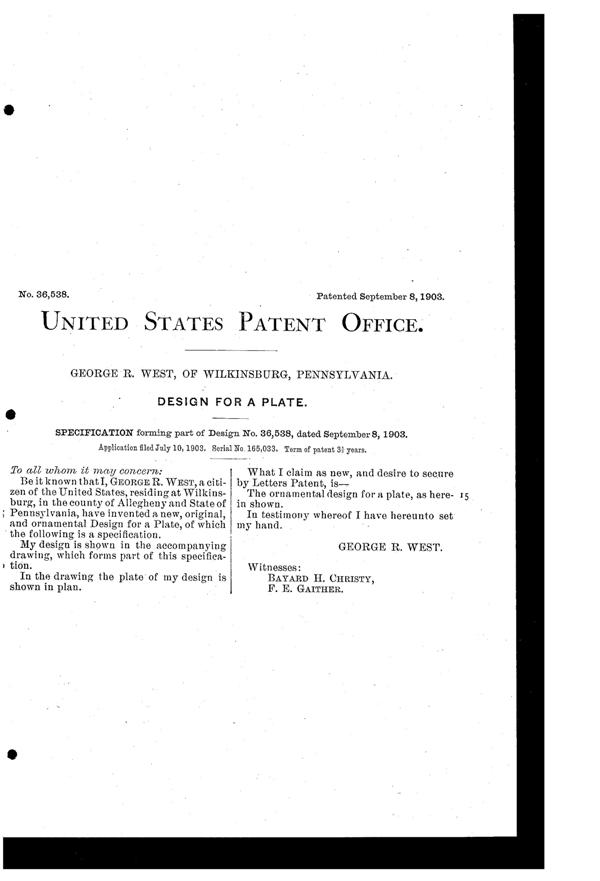 Westmoreland #  15 National Plate Design Patent D 36538-2