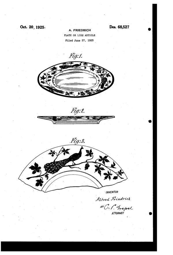 National Silver Deposit Ware Peacock Decoration on Plate Design Patent D 68527-1