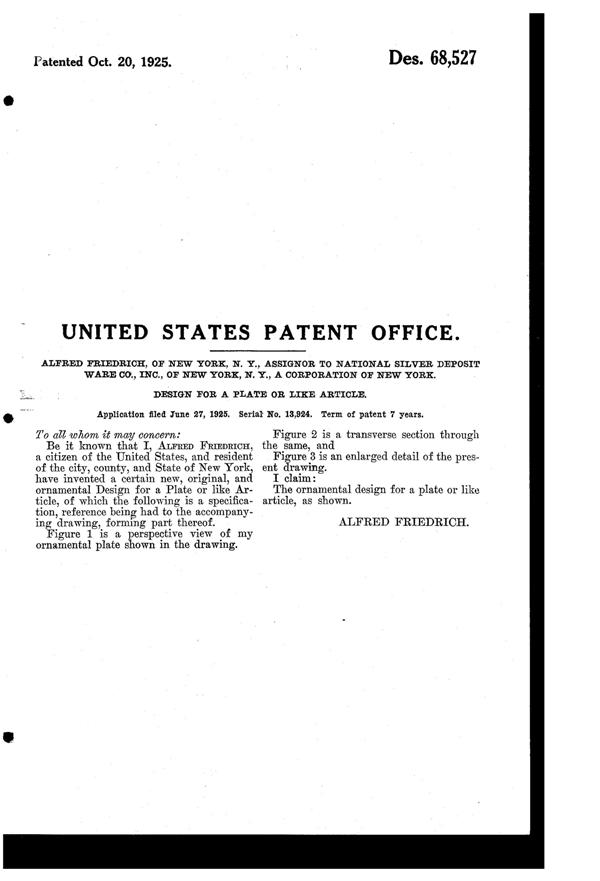 National Silver Deposit Ware Peacock Decoration on Plate Design Patent D 68527-2