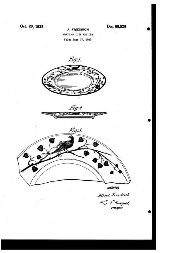 National Silver Deposit Ware Lyrebird Decoration on Plate Design Patent D 68528-1