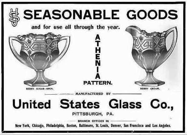 U. S. Glass Advertisement "Athenia" Cream & Sugar