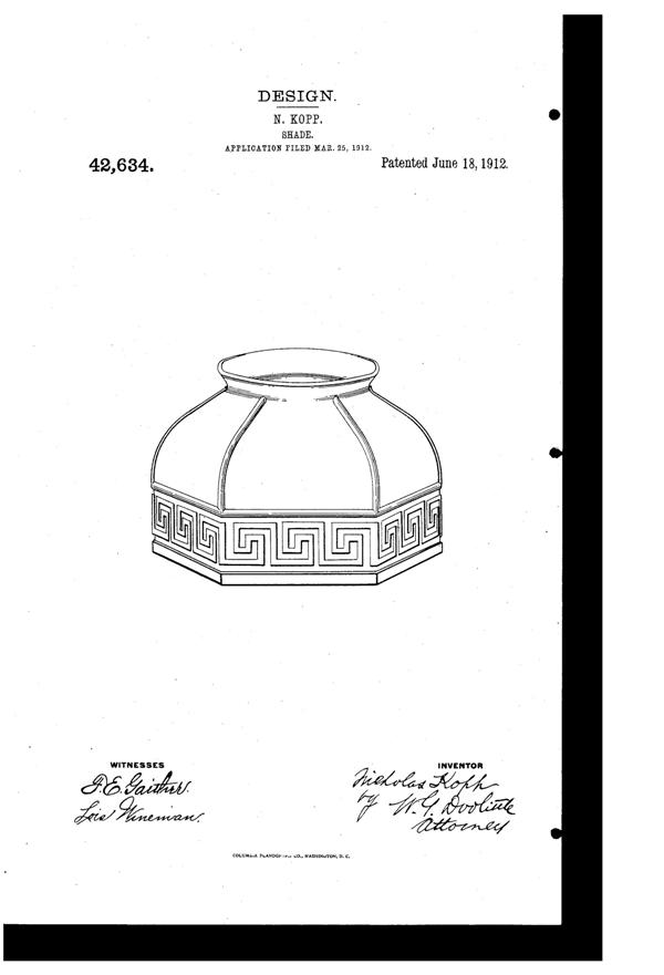 Pittsburgh Lamp, Brass & Glass Light Fixture Shade Design Patent D 42634-1