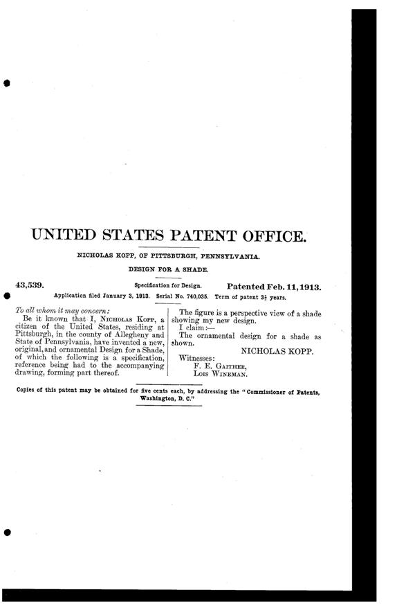 Pittsburgh Lamp, Brass & Glass Light Fixture Globe Design Patent D 43539-2