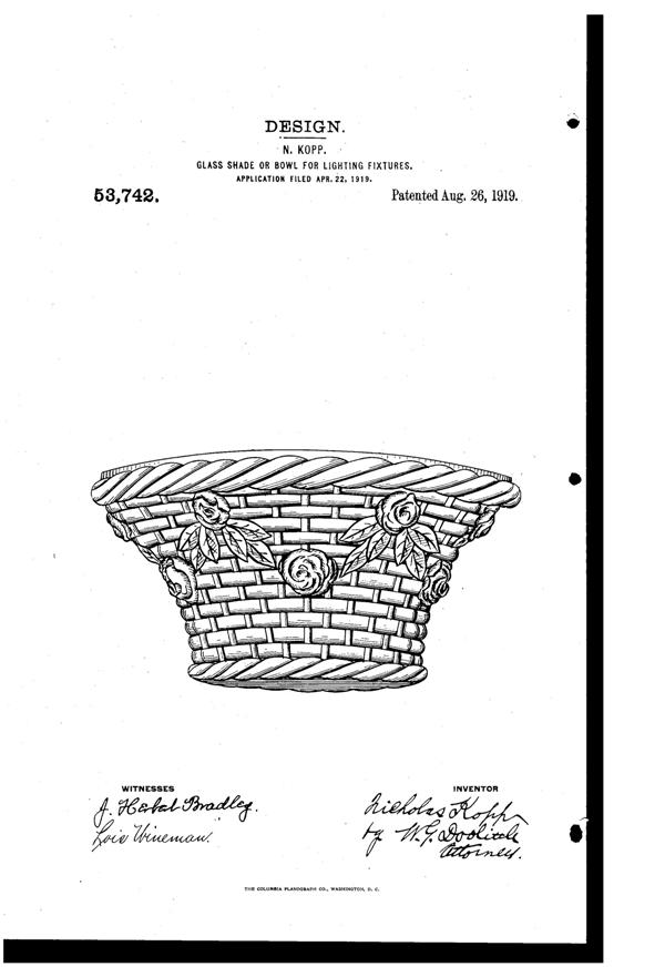 Pittsburgh Lamp, Brass & Glass Light Fixture Shade Design Patent D 53742-1