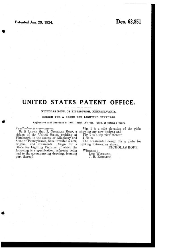 Pittsburgh Lamp, Brass & Glass Light Fixture Globe Design Patent D 63851-2