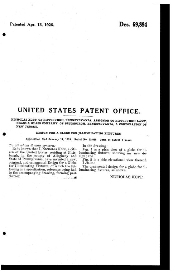 Pittsburgh Lamp, Brass & Glass Light Fixture Shade Design Patent D 69894-2
