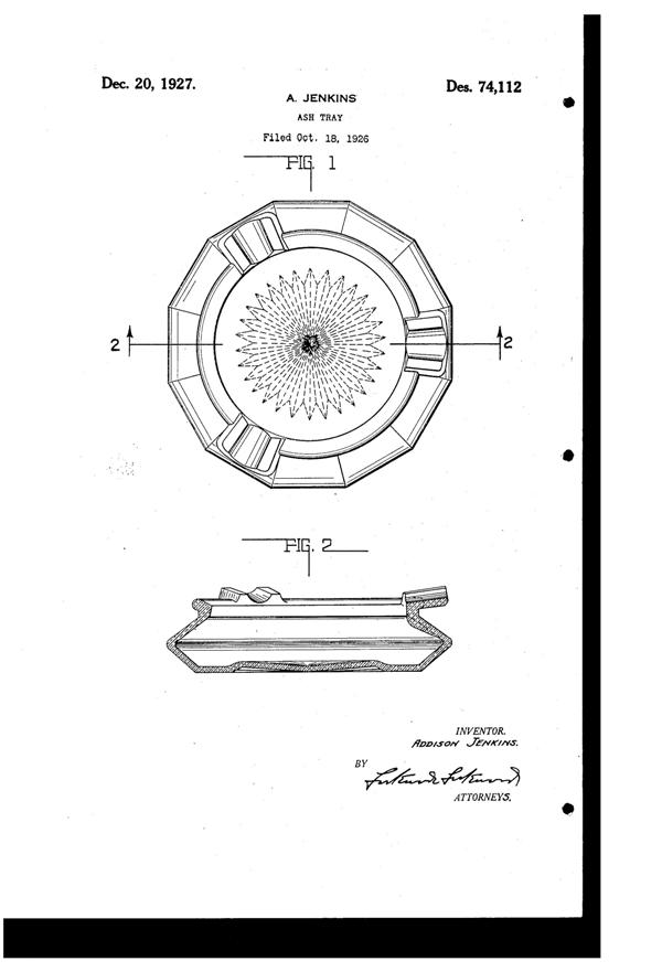 Jenkins #112 Ash Tray Design Patent D 74112-1