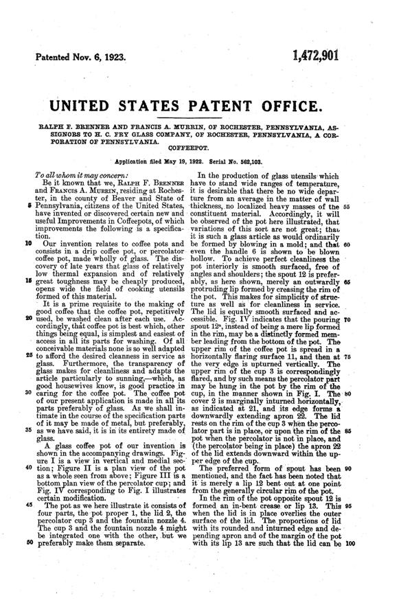 Fry Coffeepot Patent 1472901-3