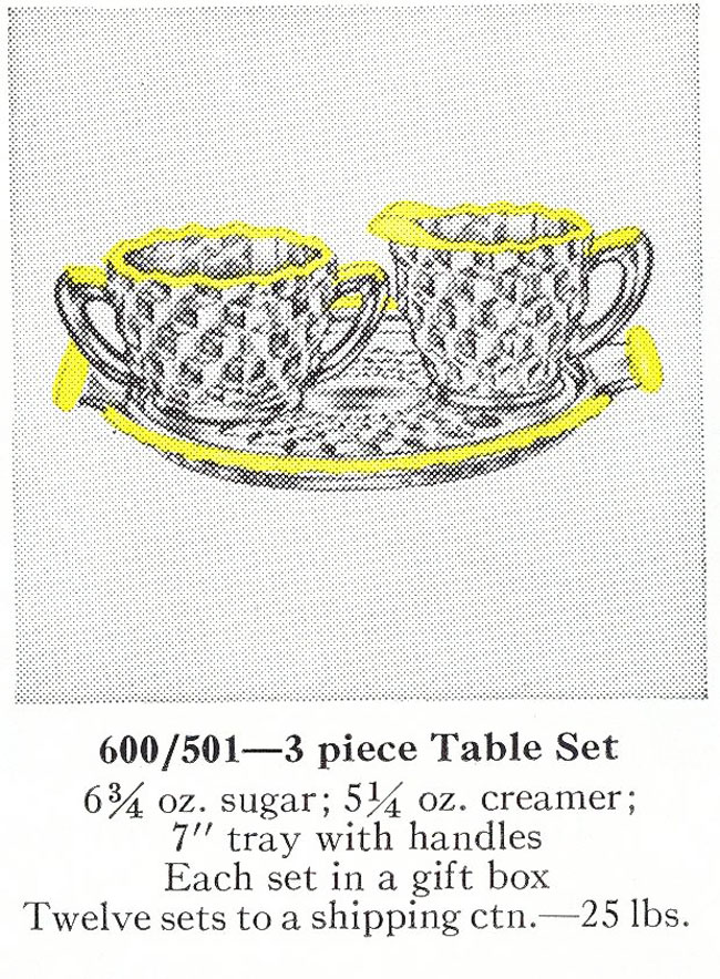 Jeannette Gold-Trimmed # 600/501 Creamer, Sugar & Tray Catalog Page