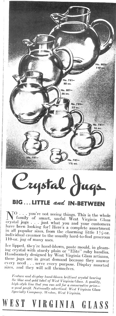 West Virginia Glass Specialty Crystal Jugs Advertisement