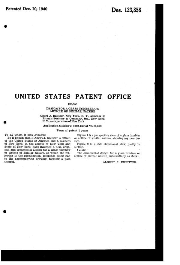 Pitman-Dreitzer Tumbler Design Patent D123858-2
