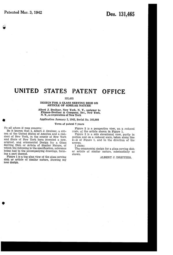 Pitman-Dreitzer Covered Serving Dish Design Patent D131465-3
