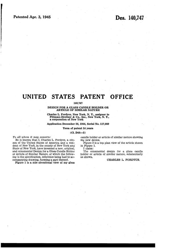 Pitman-Dreitzer Jewel 2-Lite Candleholder Design Patent D140747-2