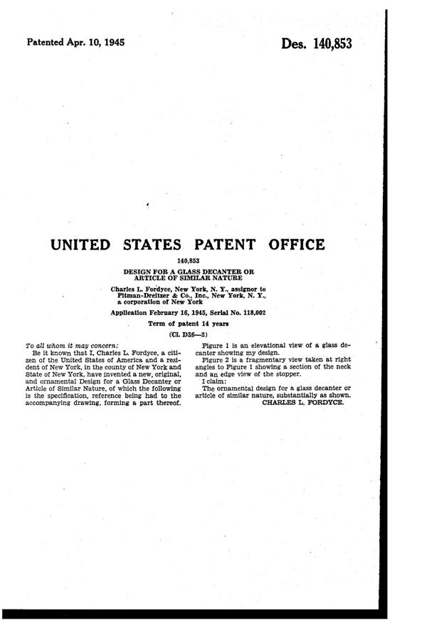 Pitman-Dreitzer Jewel Decanter Design Patent D140853-2