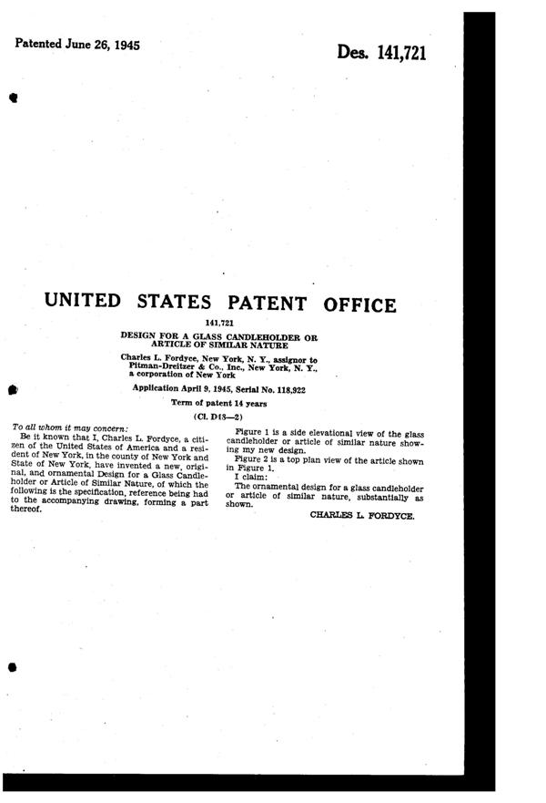 Pitman-Dreitzer Jewel 3-Lite Candleholder Design Patent D141721-2