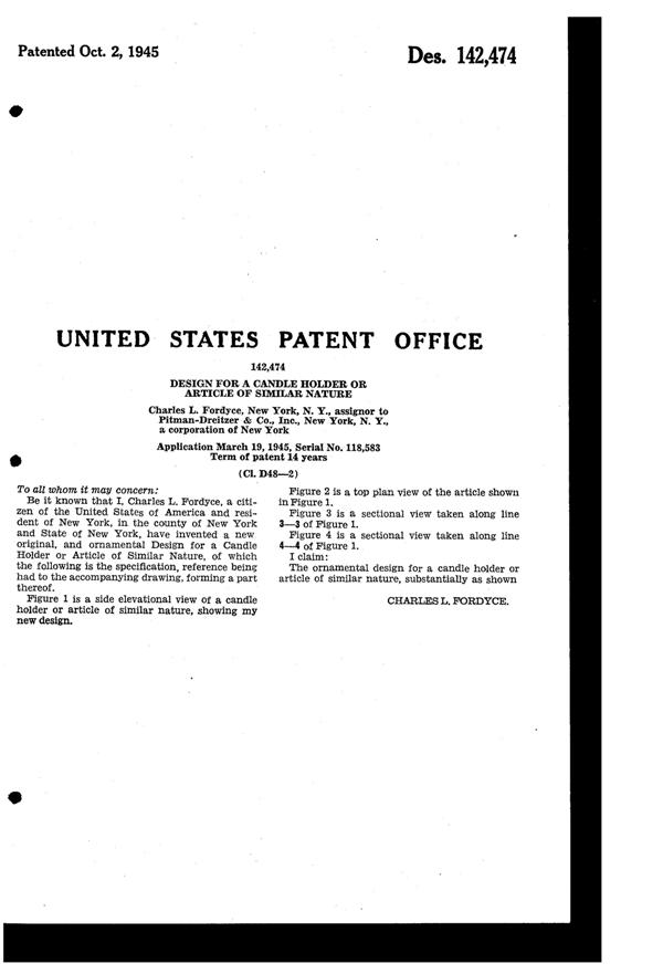 Pitman-Dreitzer Jewel 2-Lite Candleholder Design Patent D142474-2