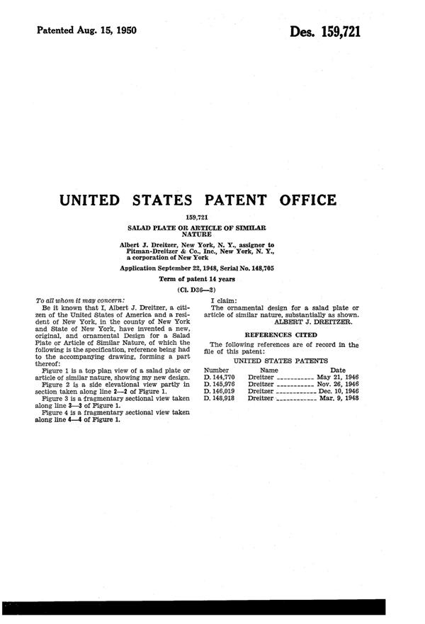 Pitman-Dreitzer Floral Salad Plate Design Patent D159721-2