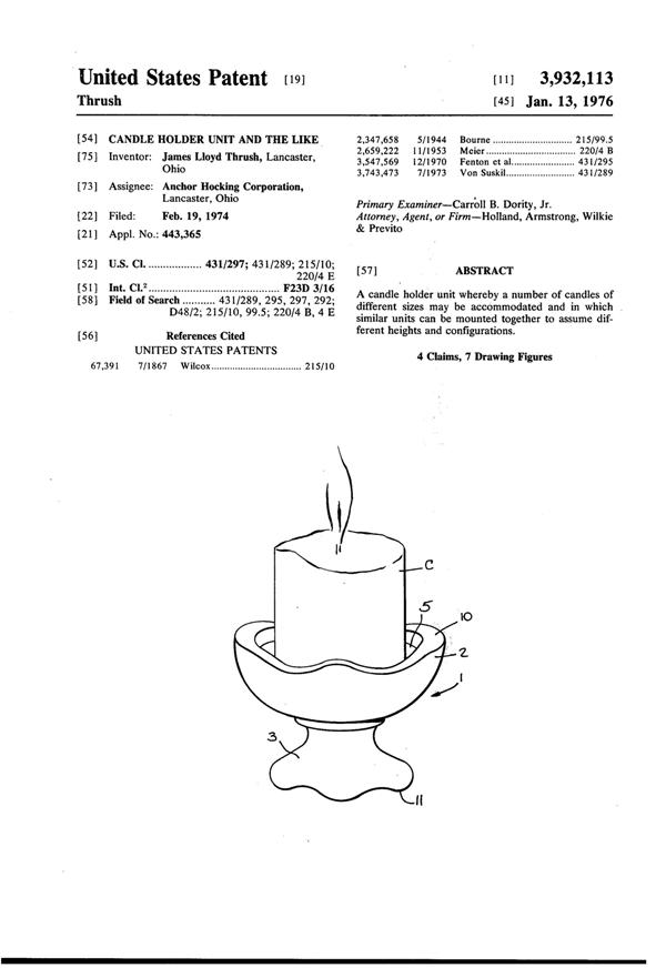 Anchor Hocking # 992 Candle Stax Candle Holder Patent 3932113-1