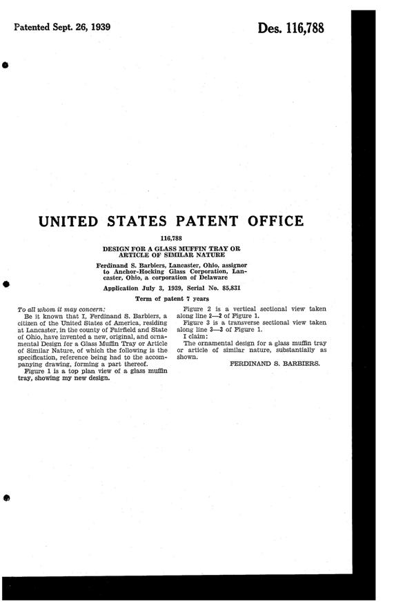 Anchor Hocking Sandwich Plate Design Patent D116788-2