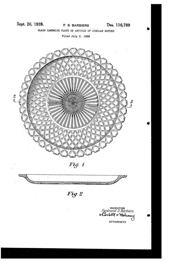Anchor Hocking Waterford Sandwich Plate Design Patent D116789-1