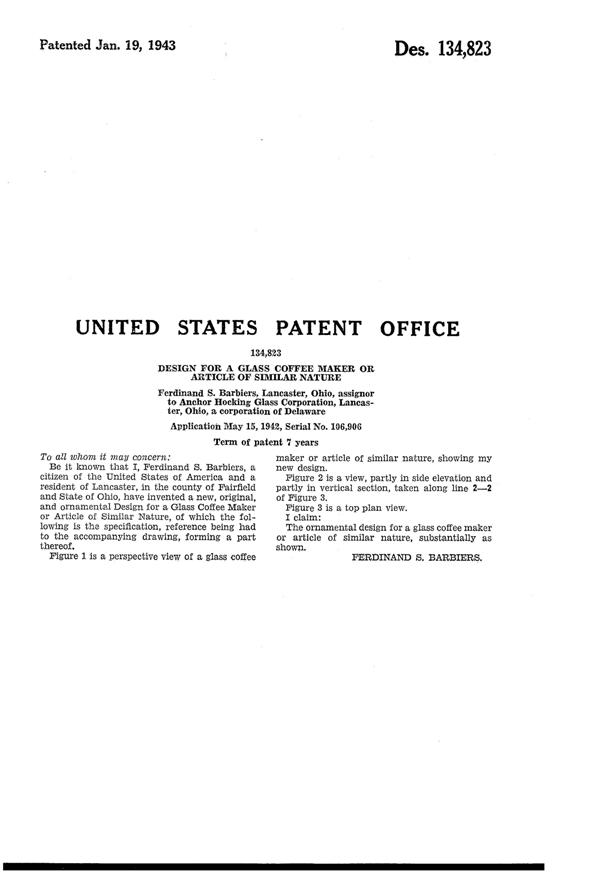 Anchor Hocking Coffee Pot Design Patent D134823-2