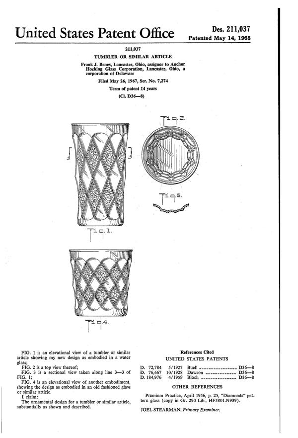Anchor Hocking GemStone Tumbler Design Patent D211037-1