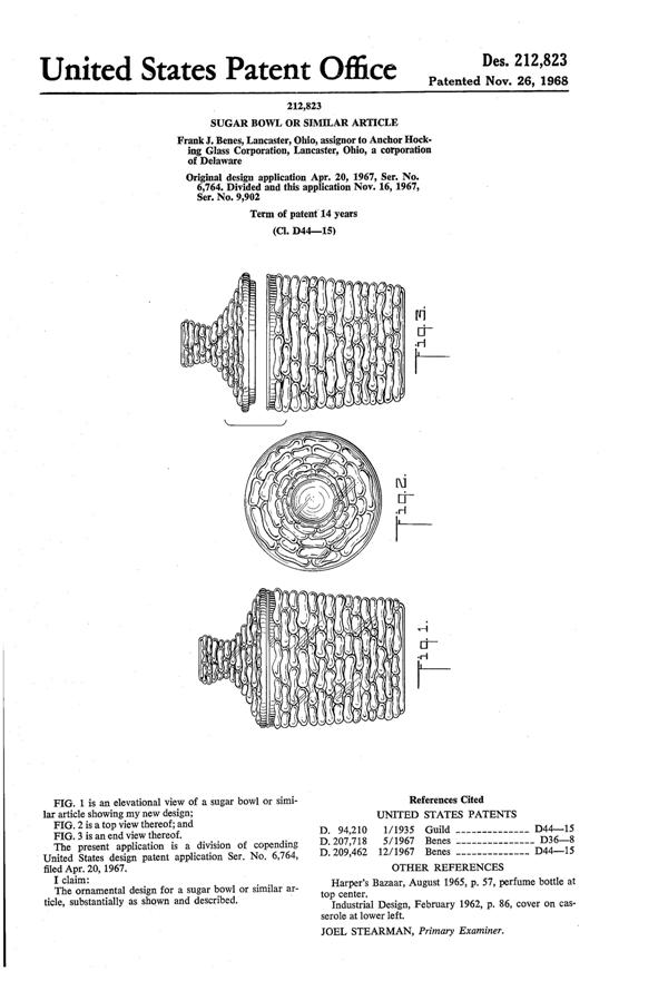 Anchor Hocking Soreno Sugar Bowl Design Patent D212823-1
