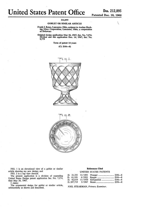 Anchor Hocking GemStone Goblet Design Patent D212895-1