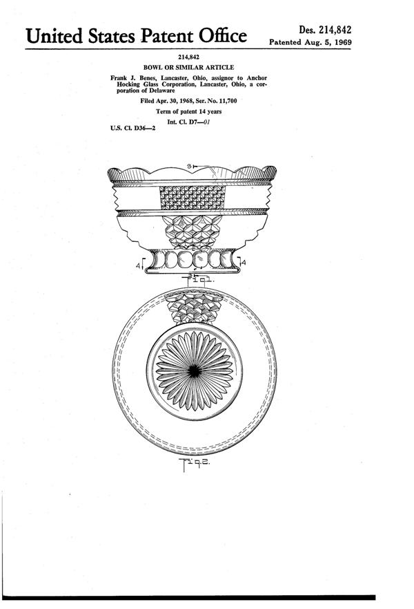 Anchor Hocking Wexford Bowl Design Patent D214842-1