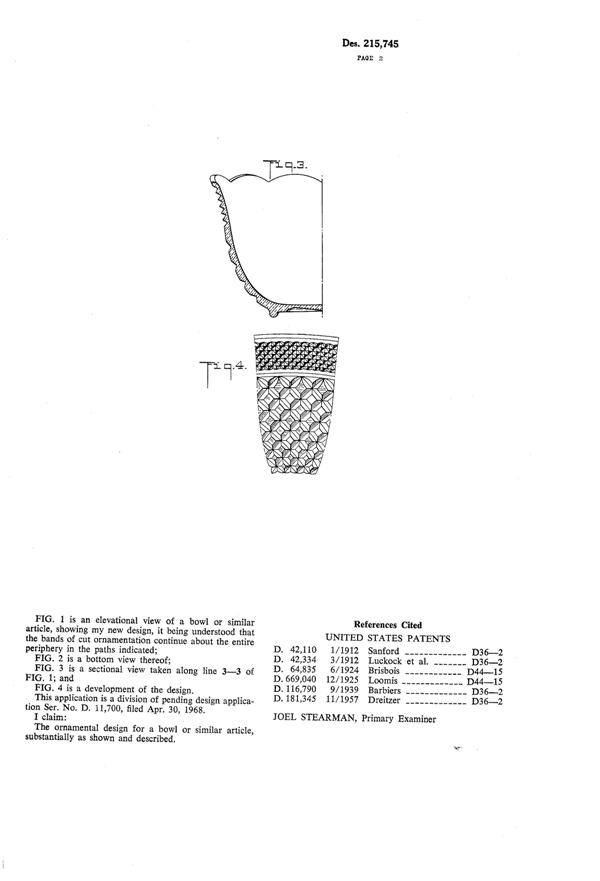 Anchor Hocking Wexford Bowl Design Patent D215745-2