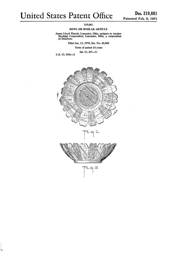 Anchor Hocking Country Estate Bowl Design Patent D219881-1