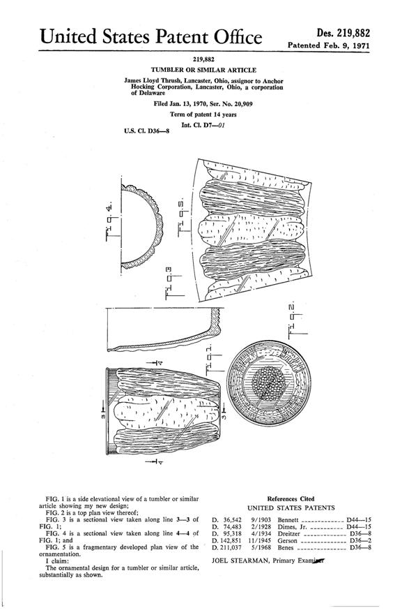 Anchor Hocking Country Estate Tumbler Design Patent D219882-1