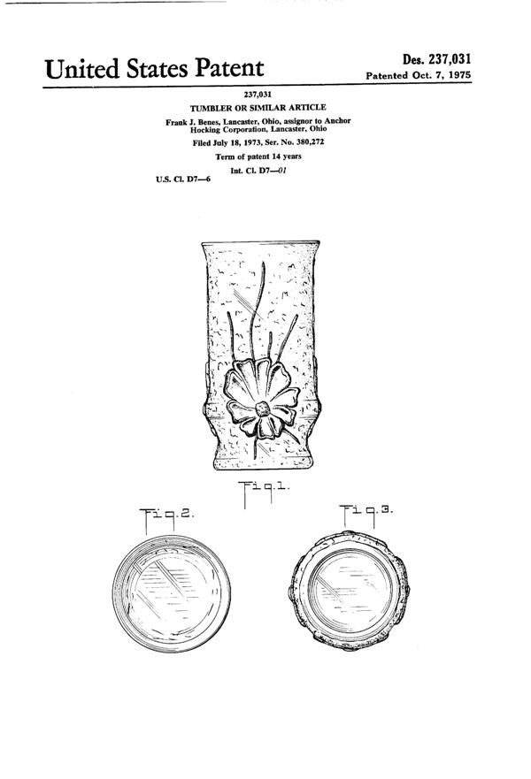 Anchor Hocking Rain Flower Tumbler Design Patent D237031-1