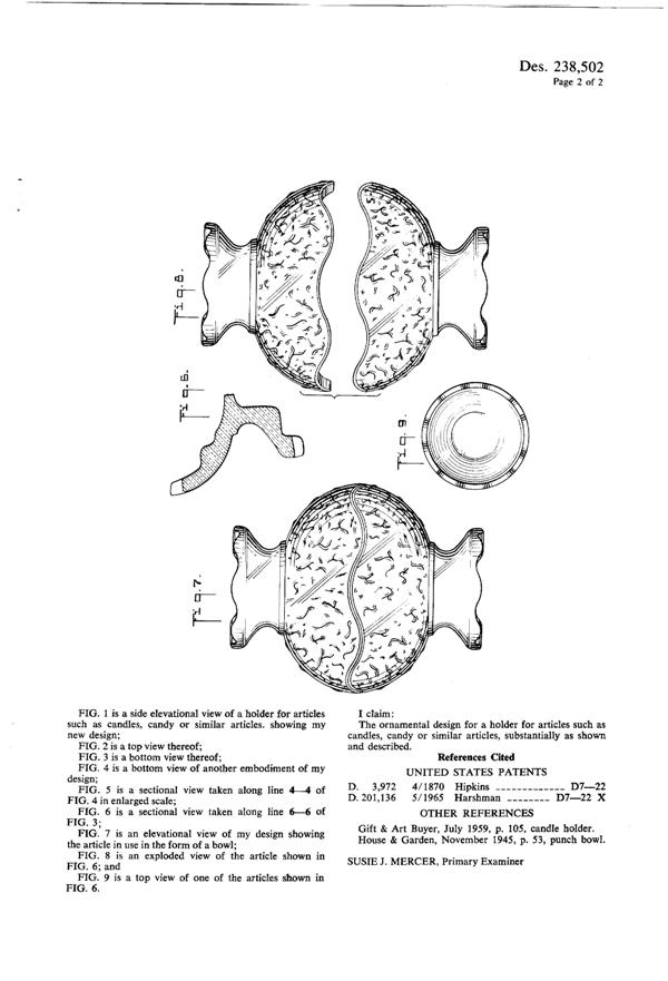 Anchor Hocking # 992 Candle Stax Candle Holder Design Patent D238502-2