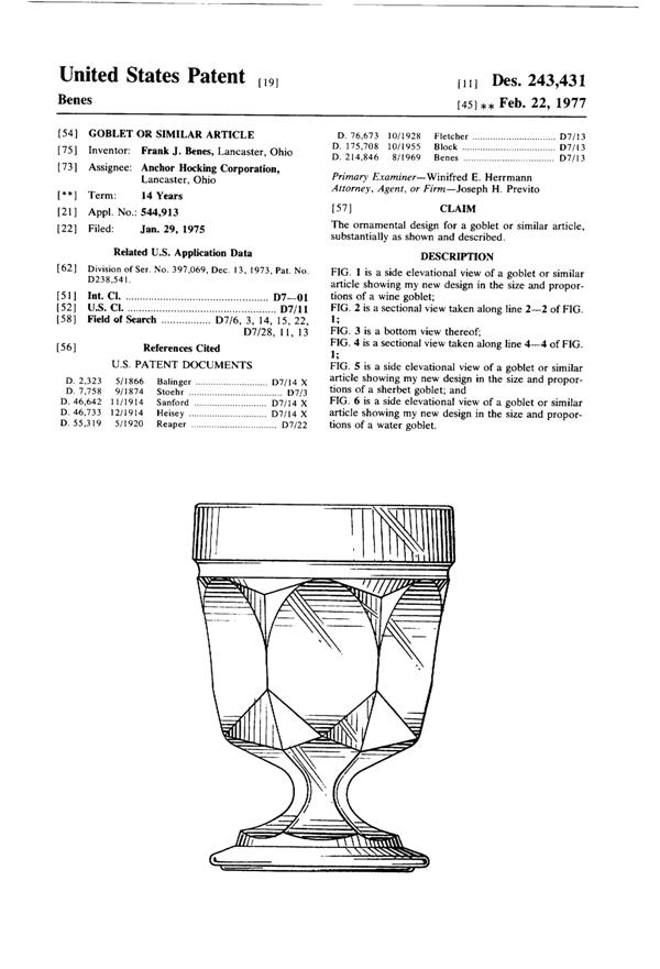 Anchor Hocking Fairfield Goblet & Sherbet Design Patent D243431-1