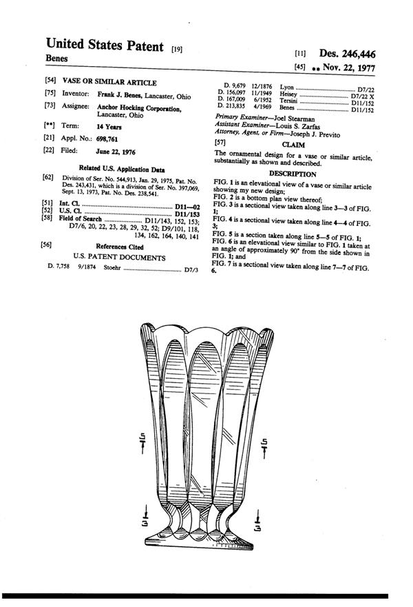 Anchor Hocking Fairfield Vase Design Patent D246446-1