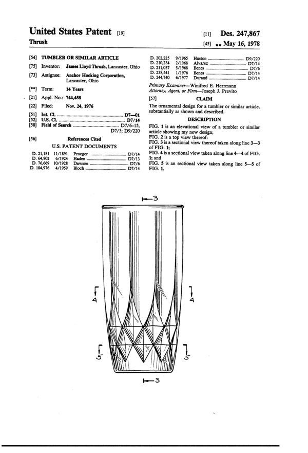 Anchor Hocking Crown Point Tumbler Design Patent D247867-1