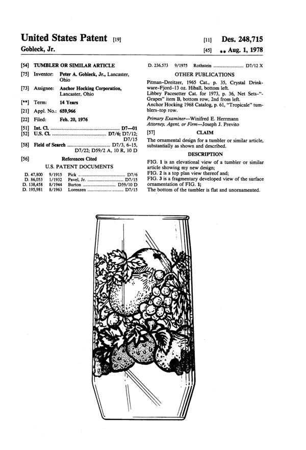 Anchor Hocking Nature's Bounty Tumbler Design Patent D248715-1