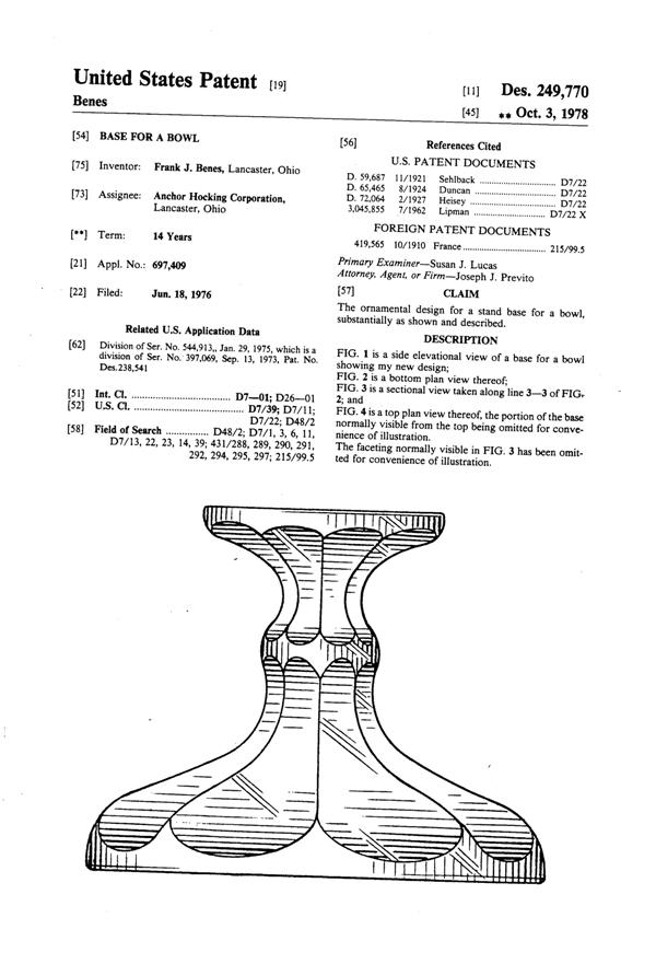 Anchor Hocking Fairfield Bowl Base Design Patent D249770-1