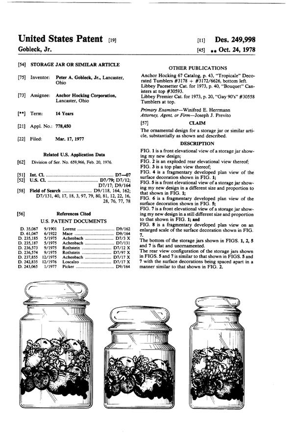 Anchor Hocking Nature's Bounty Apothecary Jar Design Patent D249998-1