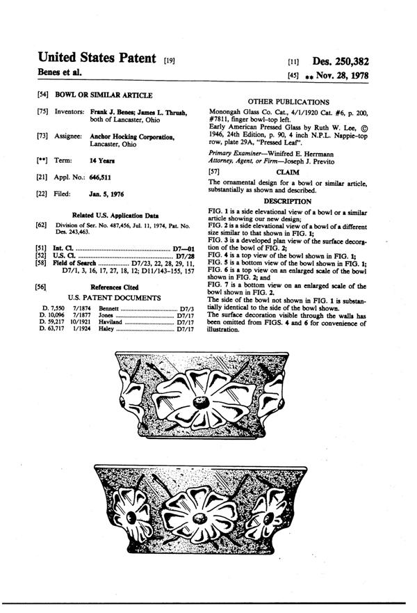Anchor Hocking Rain Flower Bowl Design Patent D250382-1