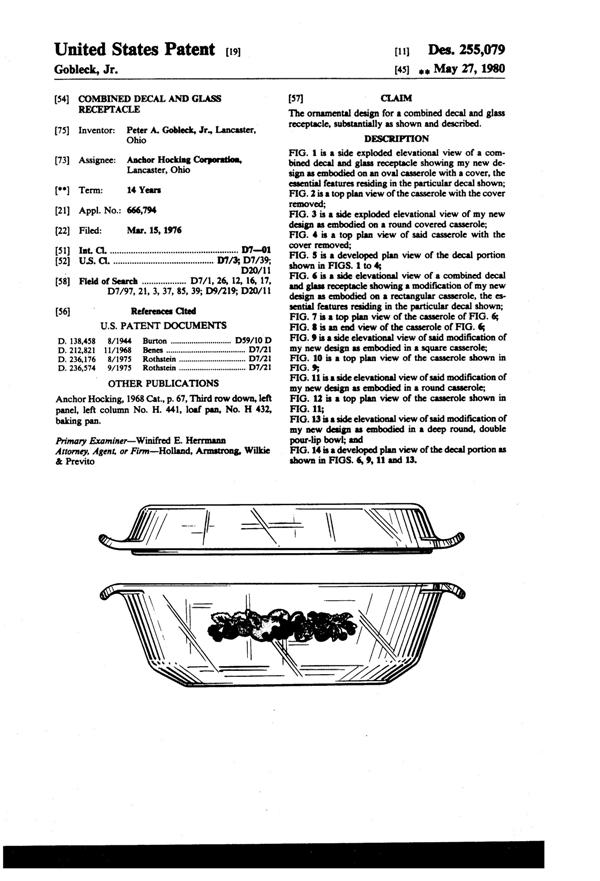 Anchor Hocking Nature's Bounty Casserole & Baking Pan Design Patent D255079-1