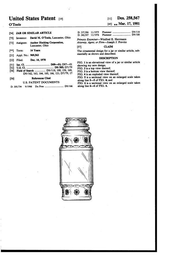 Anchor Hocking Apothecary Jar Design Patent D258567-1