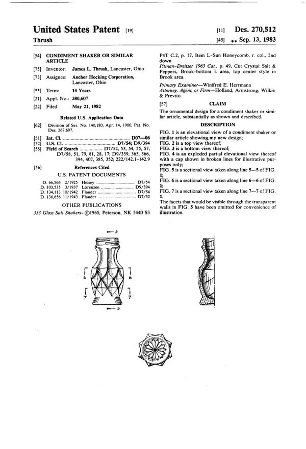 Anchor Hocking Crown Point Shaker Design Patent D270512-1