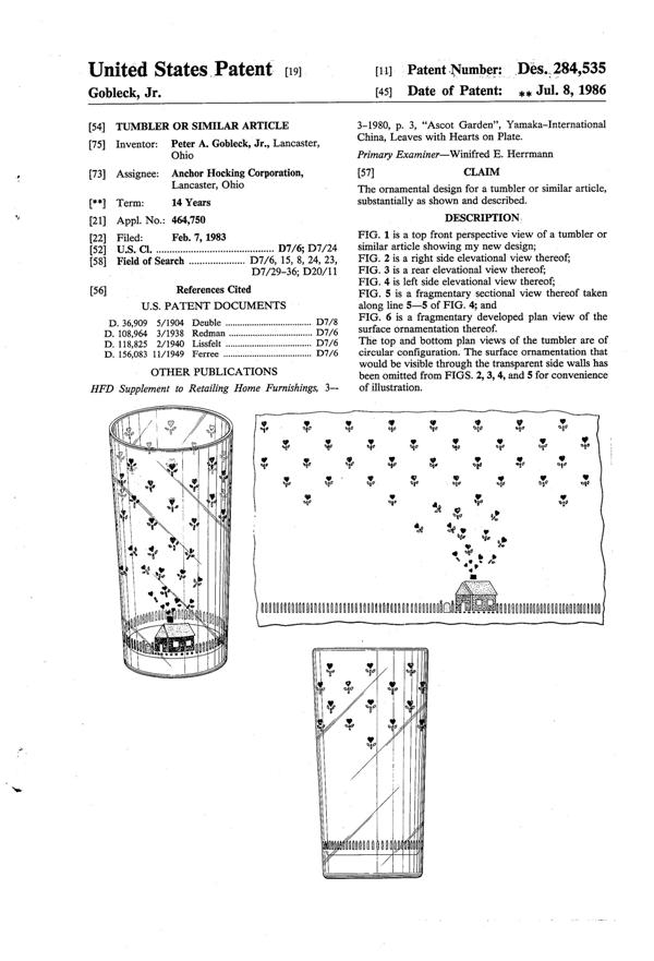 Anchor Hocking Tumbler, House Design Patent D284535-1