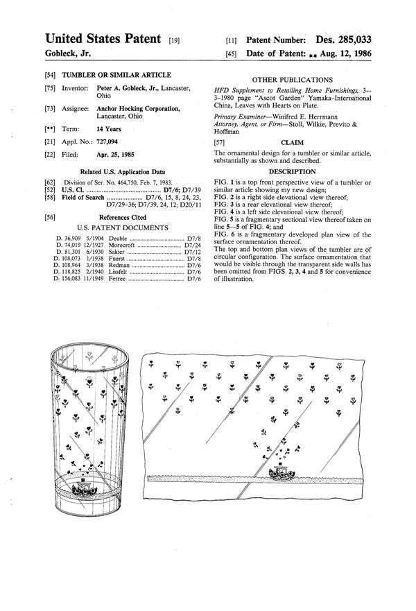 Anchor Hocking Tumbler, Boat Design Patent D285033-1