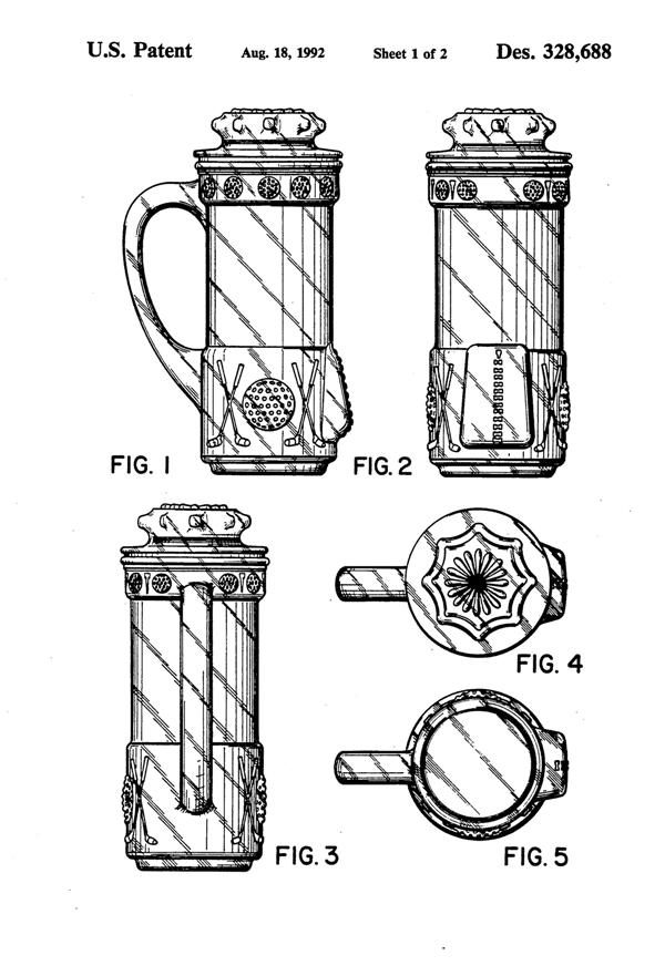 Anchor Hocking Golf Bag Mug Design Patent D328688-2