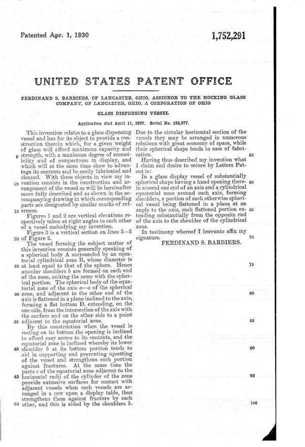 Hocking Dispensing Jar Patent 1752291-2