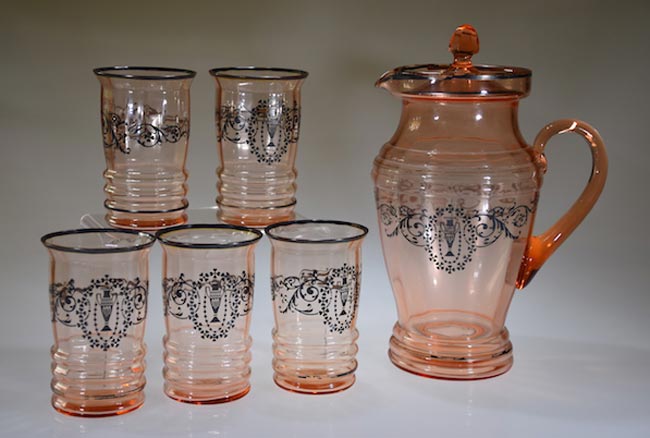 Dunbar #4016 Beverage Set w/ Lid & National Silver Deposit "Grecian Urn" Decoration
